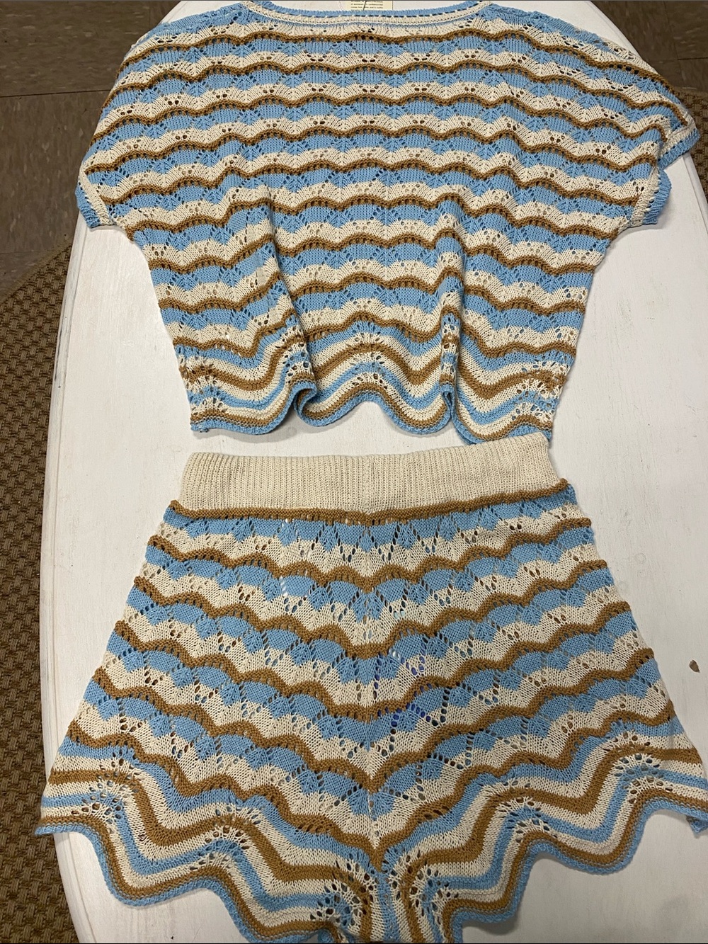 Cupshe Women’s Blue Tan & Cream Crochet Stripe Two-Piece Set - Picture 6 of 8